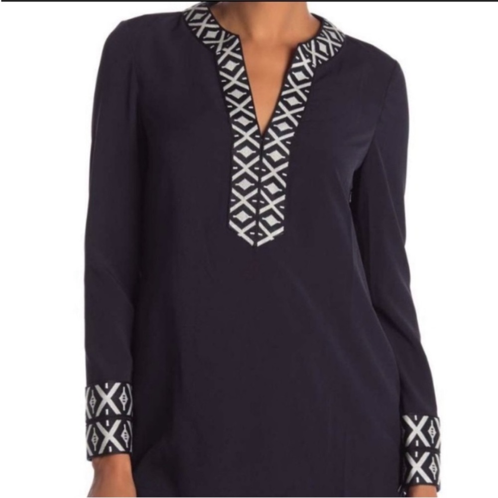 TORY BURCH NAVY EMBROIDERED TAPED TUNIC - Picture 1 of 12